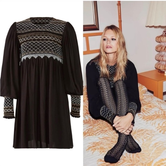 Free People Late Night Picnic Smocked Embroidered Dress CottageCore Black XS - Picture 3 of 12